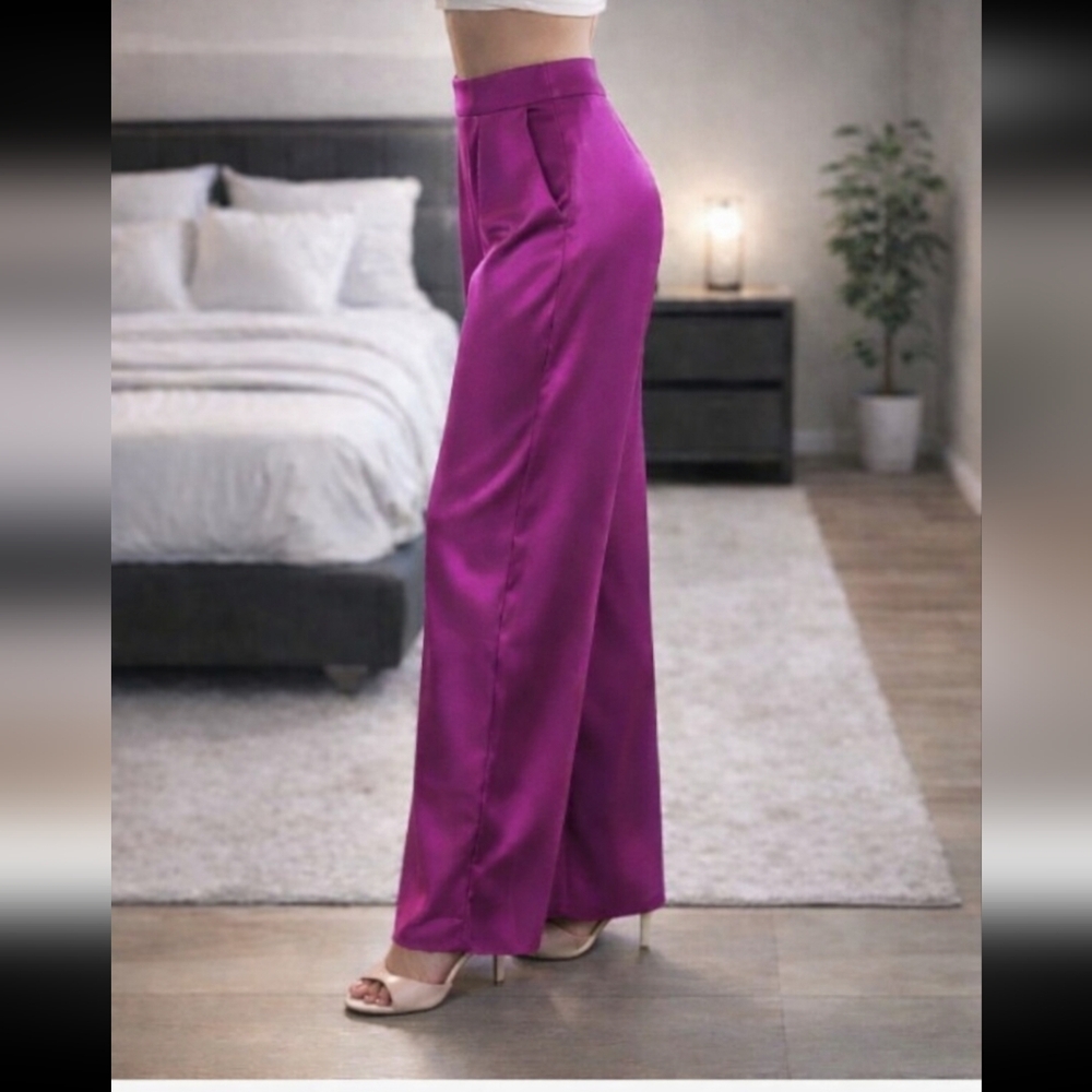 Express Smockd Wide Leg Pleated Satin Like Trouser Fushia Women's Pants